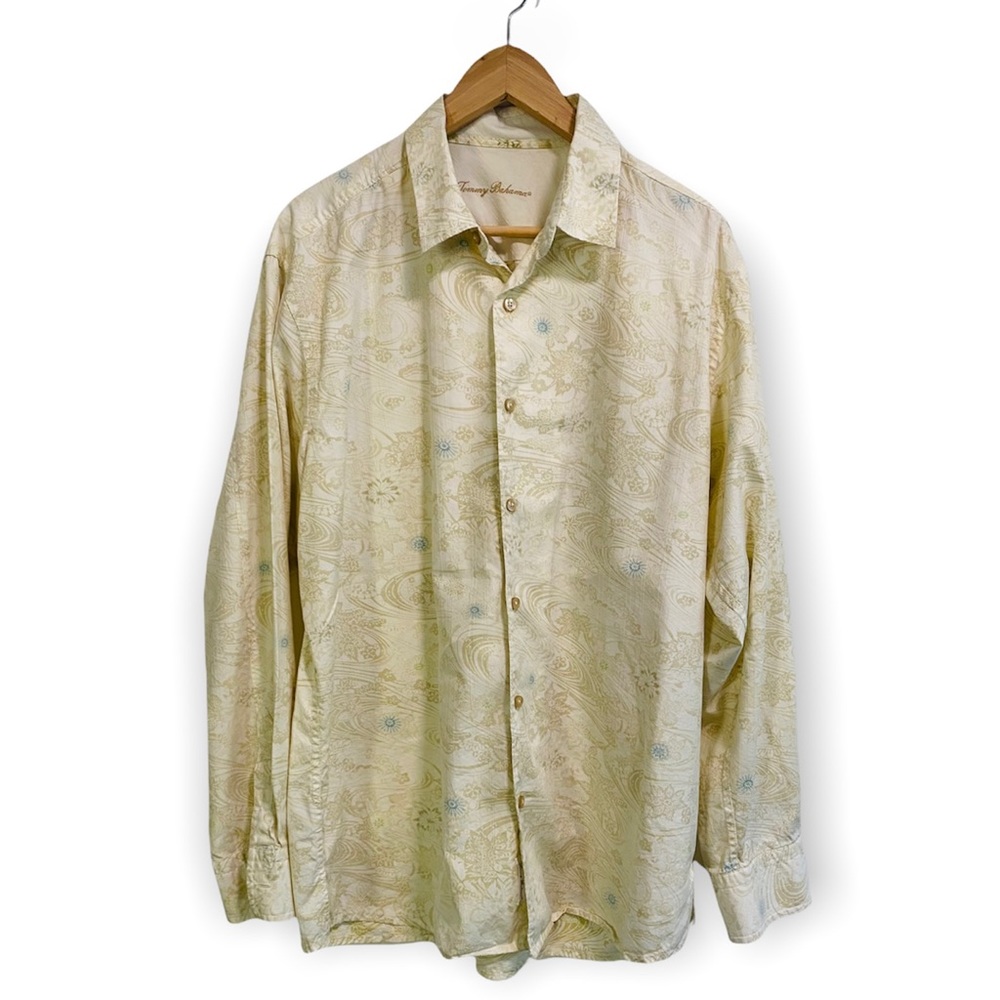Mens Tommy Bahama Beige Silk Blend Button Down Long Sleeved Shirt  Size L